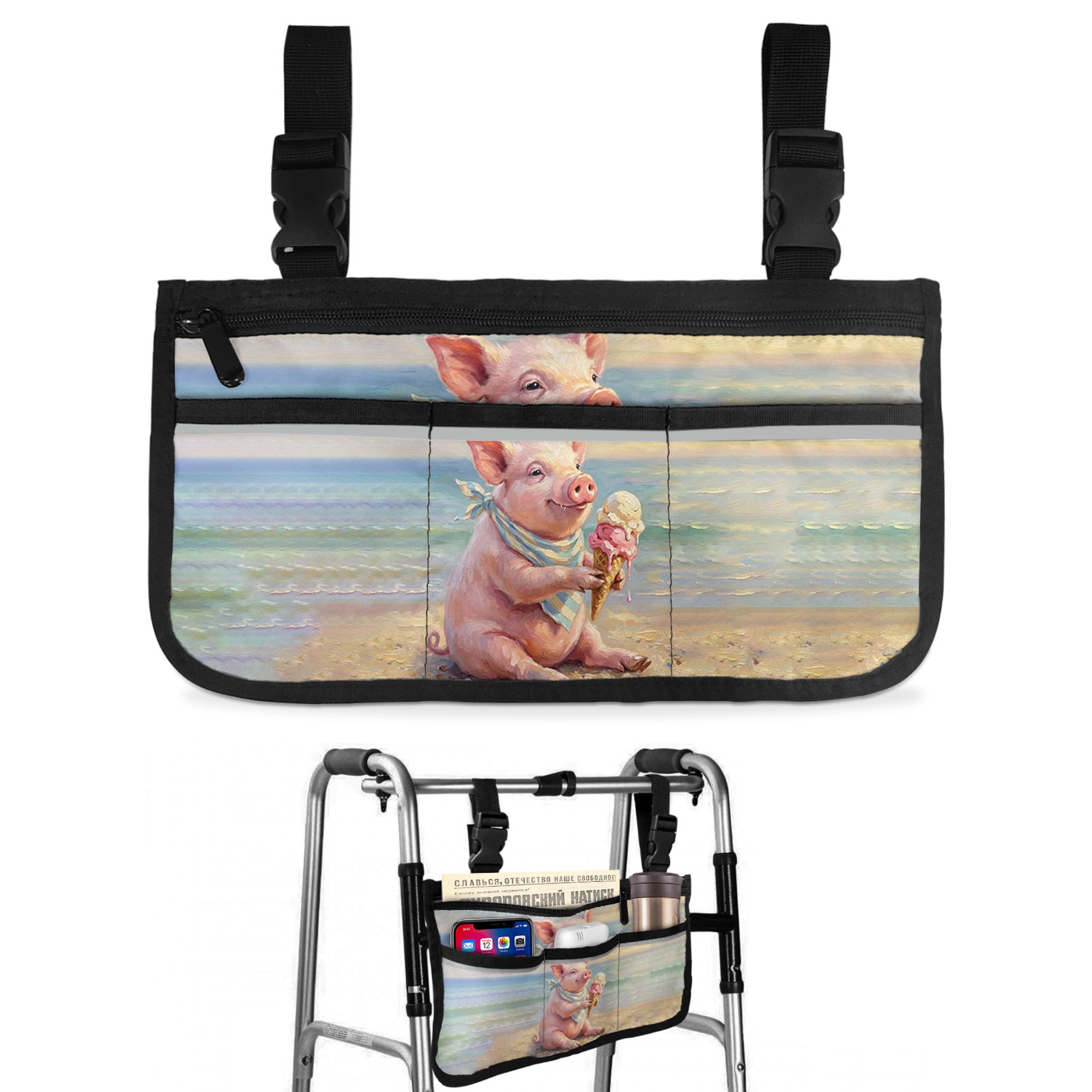 Summer Beach Landscape Wheelchair Side Bag with Cup Holder, Watercolor Ice Cream Funny Pig Wheelchair Armrest Bag Storage Pouch Adults, Seniors for Walkers, Rollator, Scooter
