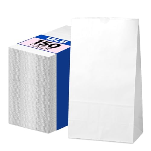 Fit Meal Prep 150 Pack 12 lb White Paper Lunch Bags, 13 x 7 x 4.5" Durable Paper Bags Bulk for Packing, Delivery, Take Out, Grocery, Retail Shopping, Premium Sack for Snacks, Bakery