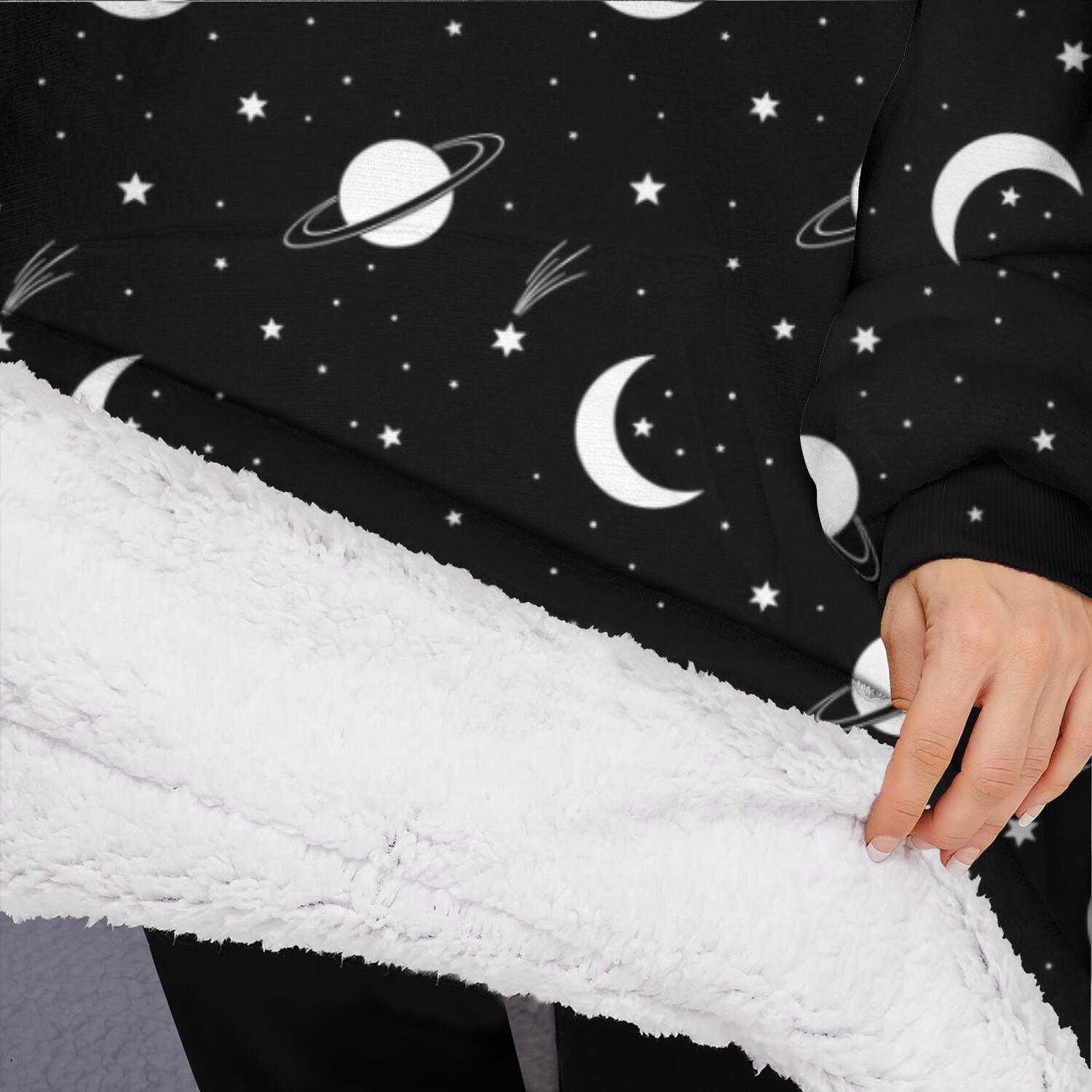 Oversized Wearable Blanket Hoodie,Black Space Moon Planet Pattern Sherpa Blanket Hoodie with Super Pockets,Super Warm Fuzzy Pullover for Women & Men