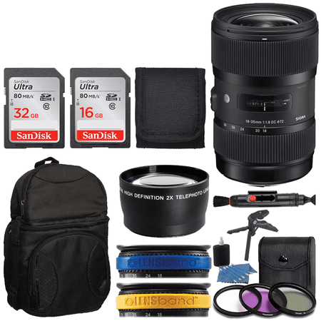 Sigma 18-35mm F1.8 DC HSM Lens for Nikon APS-C DSLRs 210306 (Black) + Backpack + 32GB Memory Card + 16GB Memory Card + Telephoto Lens + UV Filter Kit + Tripod + Top Value Lens Accessory