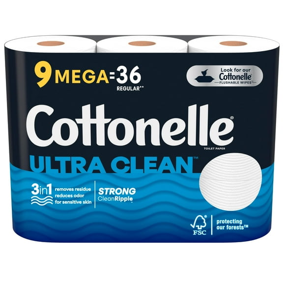 Cottonelle Ultra Clean Toilet Paper, Strong Toilet Tissue, 9 Mega Rolls (9 Mega Rolls = 36 Regular Rolls), 312 Sheets Per Roll, Packaging May Vary