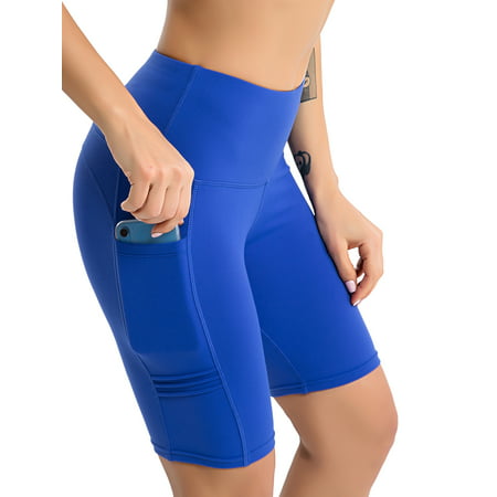 Women High Waist Workout Yoga Shorts Tummy Control Running Athletic Non See-Through Side Pockets Skinny Sport Gym (Best Cheap Non See Through Leggings)
