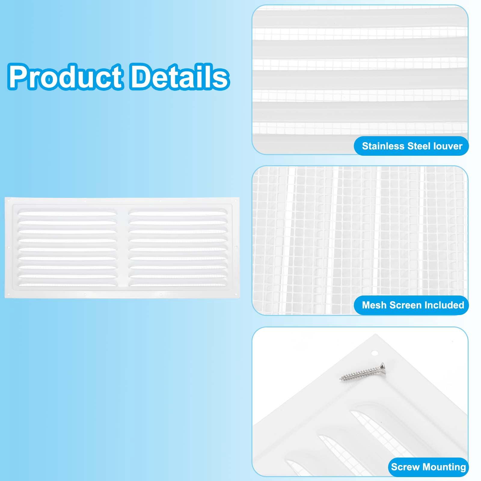 Uxcell 8x16" Gable Vent Cover, Aluminum Alloy Rectangular Floor Air Vent Covers Metal Soffit Return Grille with Screen Mesh and Screw 2 Pcs