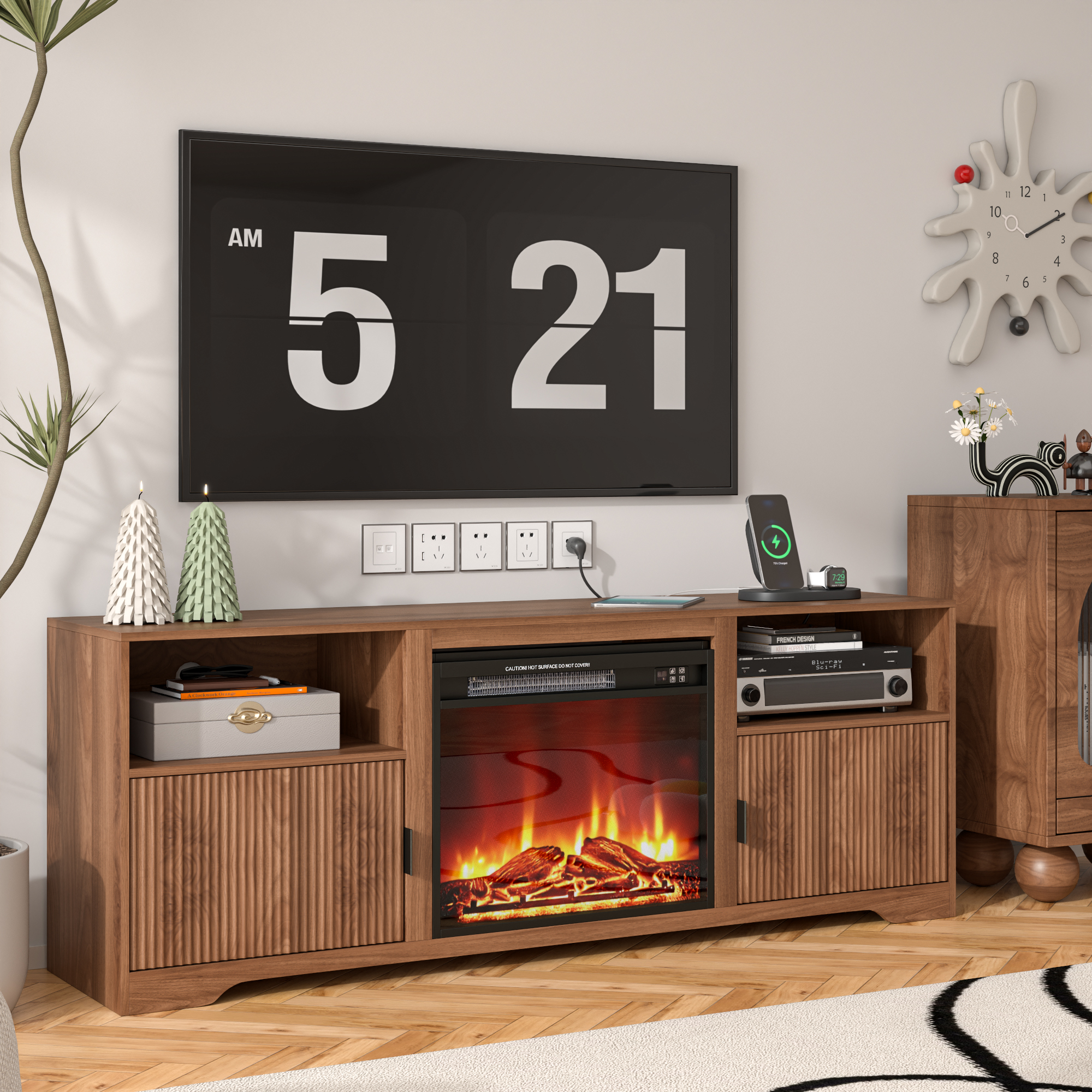 Lisicues Fireplace TV Stand for 80 Inch TV, 68" Farmhouse Entertainment Center with 23" Electric Fireplace Heater, Wood Media Console Cabinet with Storage Shelves & Cord Holes for Living Room Bedroom