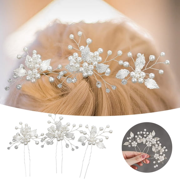 Elegant Pearl Bride Wedding Hair Pins Leaf Bridal Head Piece Exquisite Flower Accessories for Women and Girls for Pack of 3