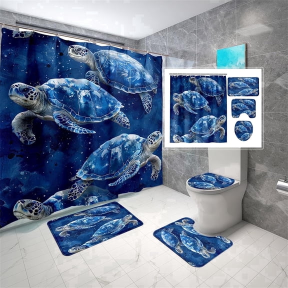 YourPrint Turtle Ocean Scene 4 Piece Bathroom Set with Mats Blue Polyester