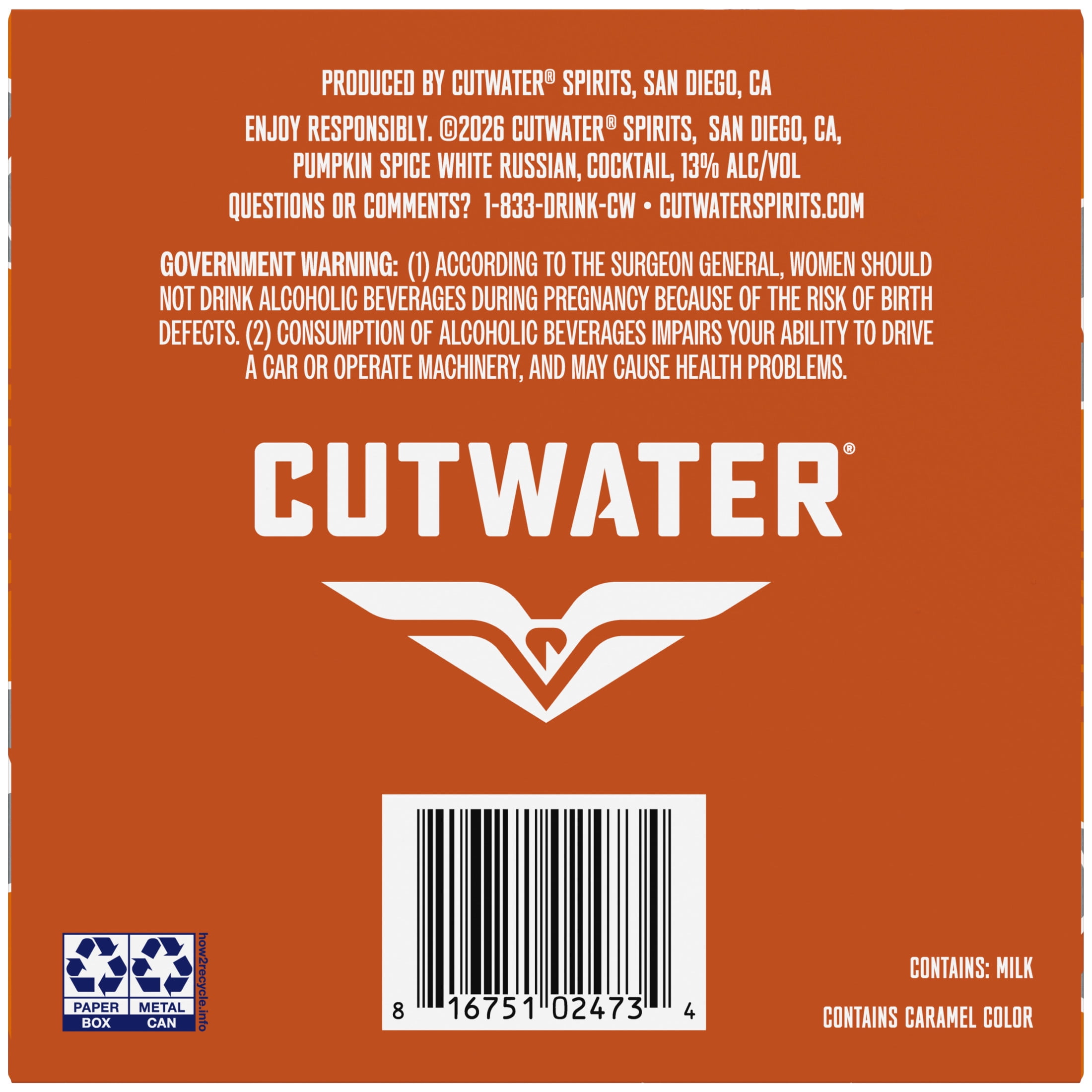 Cutwater Vodka Pumpkin Spice White Russian 4 pack of 12 fl oz Cans, 13% ABV
