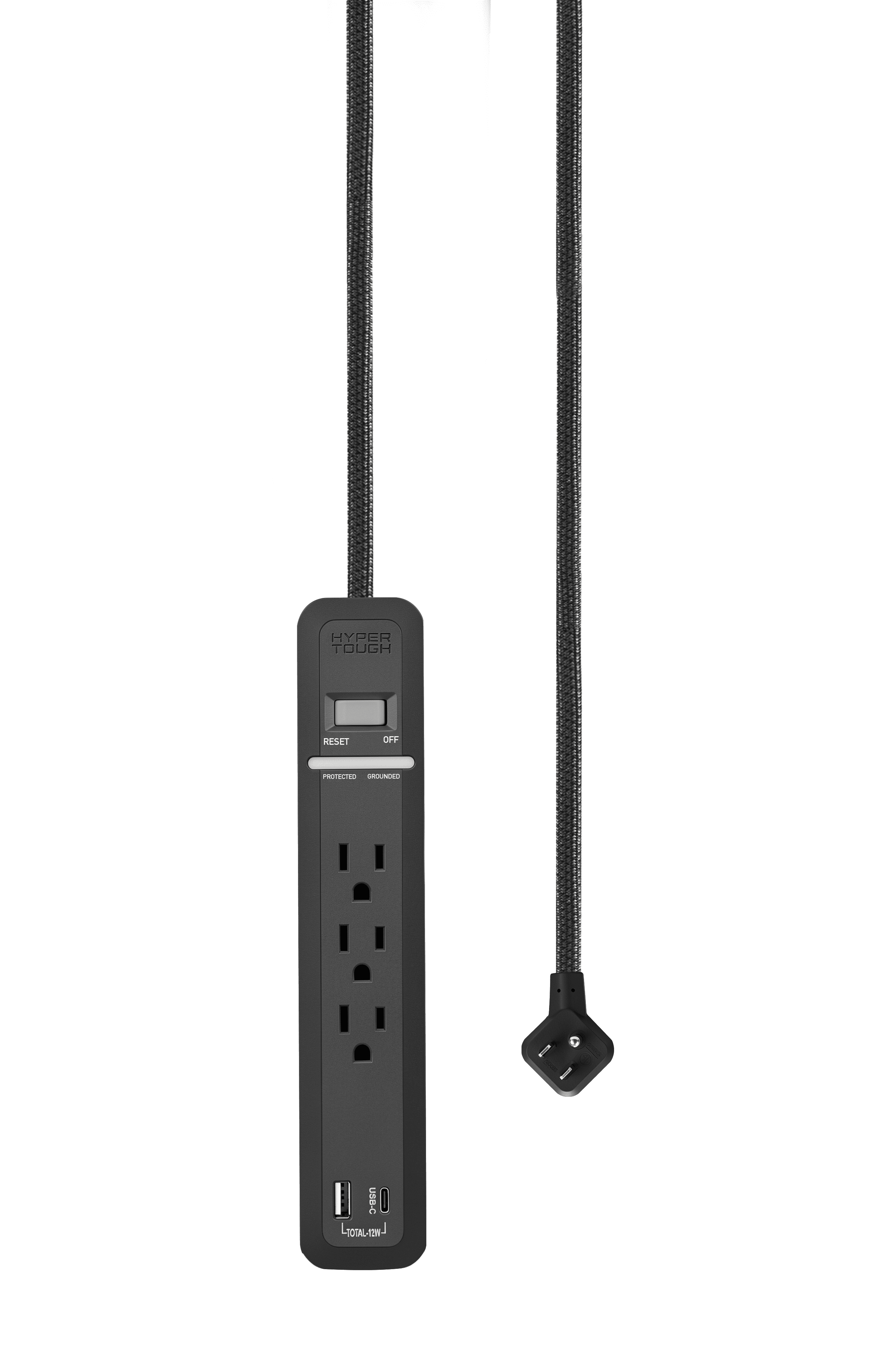 Hyper Tough 3-Outlet Power Strip with USB-A & USB-C, 6 Ft Extension Cord, Black