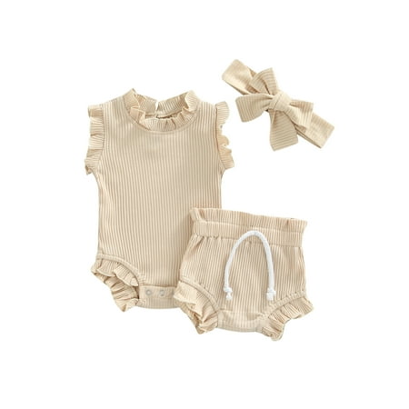

Kiapeise Newborn Baby Girl Ribbed Outfits Solid Ruffle Sleeveless Romper Shorts Headband Infant Summer Clothes Set