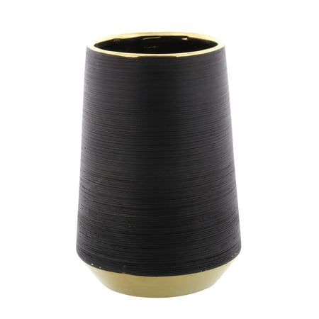 Black Ceramic Vase - Decmode Glam 7 inch black ceramic pear-shaped vase with gold accents, Black