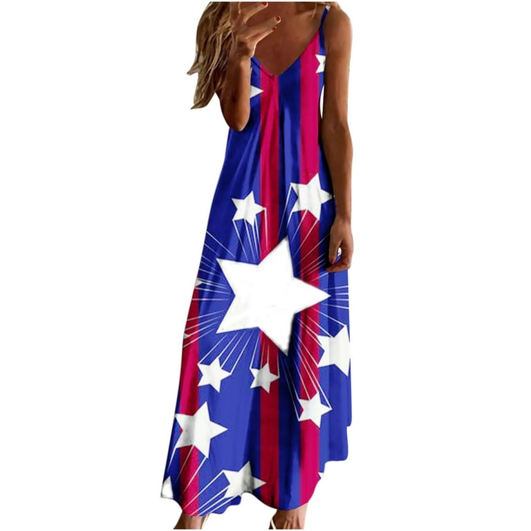Lolmot Womens 4th of July Outfits Sexy Deep V Neck Sleeveless Spaghetti  Strap Sling Long Dress Patriotic Maxi Dress on Clearance