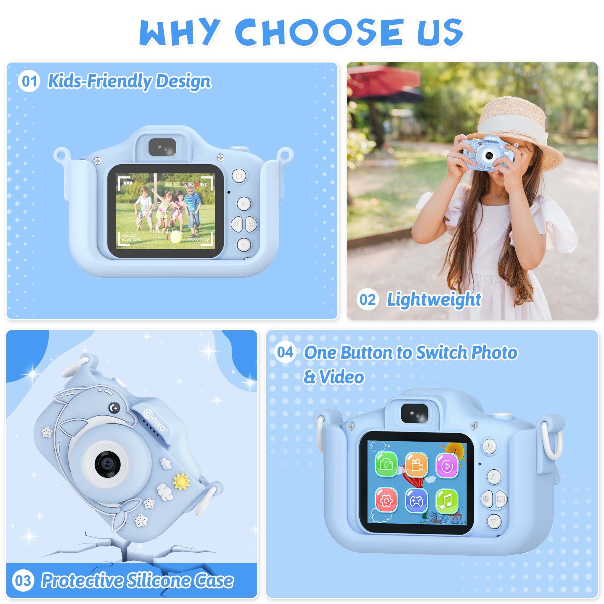 Contixo Kids Camera, Educational Dual Lens Camera with Carry Case and 32 GB SD Card, Blue