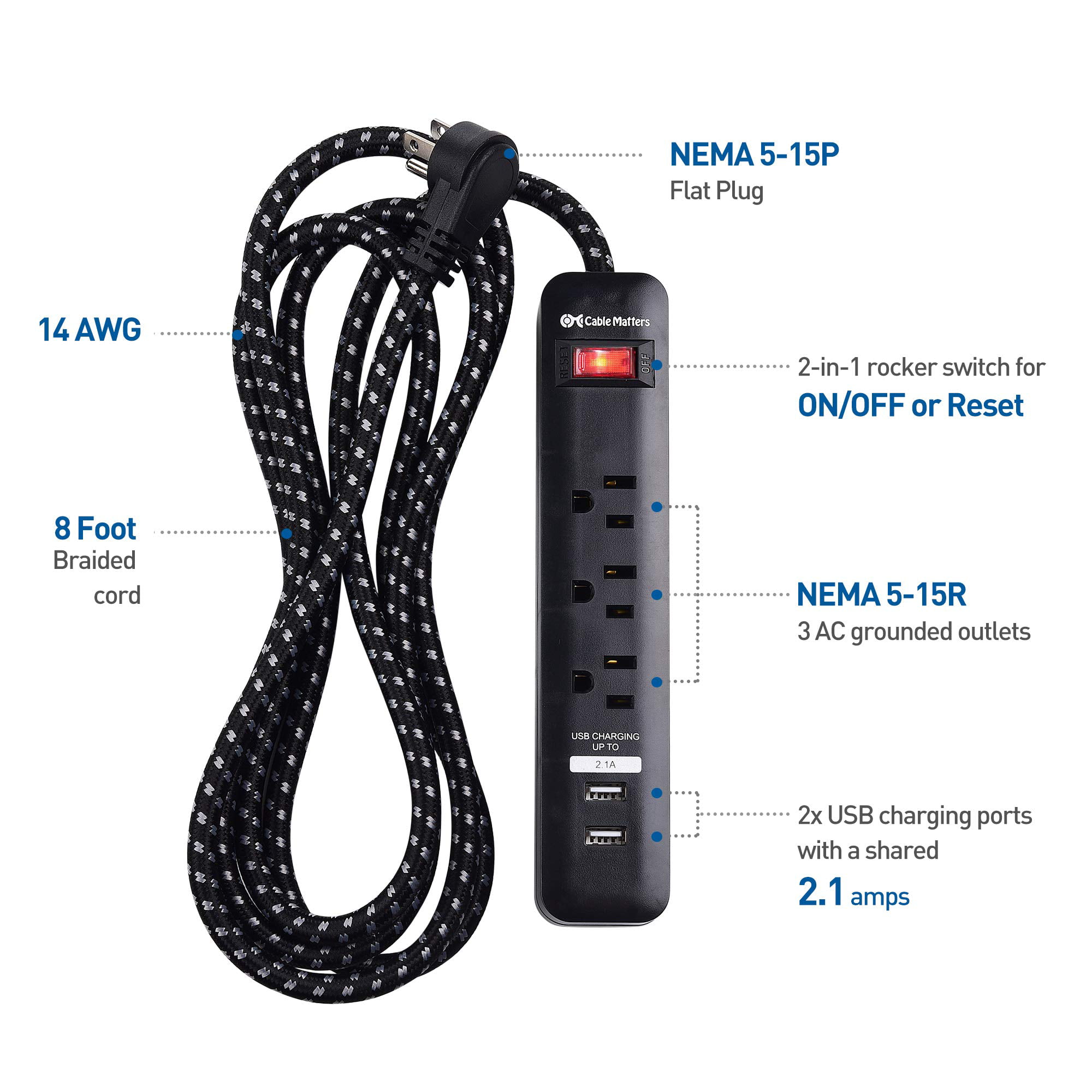 Power Strip with 6 AC Outlet, 3 Foot Cord and 45-Degree Angle Flat