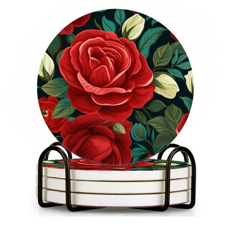 

BaHomeck Drink Coasters Set of 4 with Holder Red roses and green leaves on dark background Water Absorbent Ceramic Coasters Tabletop Protection Suitable for Various Cup Home Decor