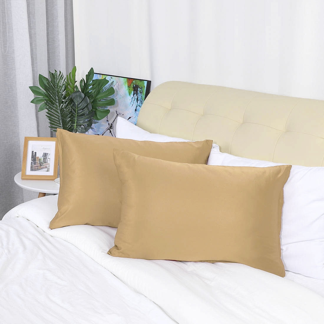 Unique Bargains Pillow Covers Silky Satin Zipper Pillowcases Set of 2 Caramel 21" x 31"
