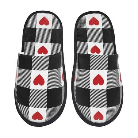 Balery Heart Black Buffalo Plaid Gingham Slient Indoor Furry Fleece Comfort House Shoes Soft Non-Slip Home Shoes Cotton slippers House Slippers-- Large