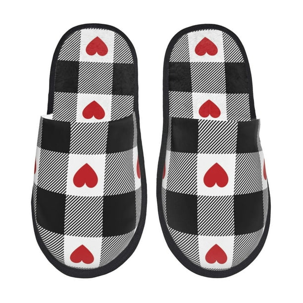 Fotbe Heart Black Buffalo Plaid Gingham Pantuflas Peludas para Mujer con Estampado, Zapatillas de Peluche, Zapatos de Invierno para Casa, Uso Interior y Exterior-Large