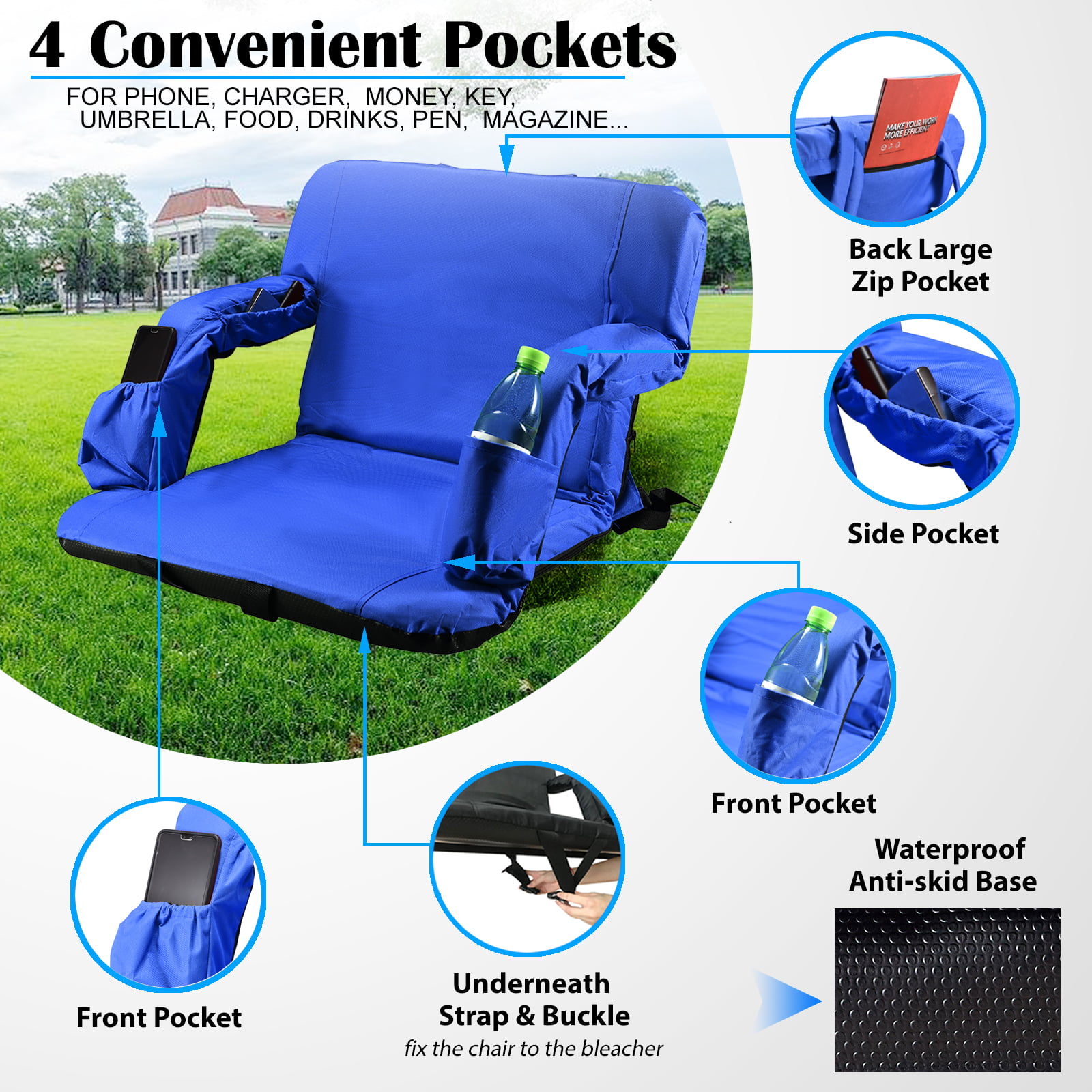 KWQBHW Portable Stadium Seat Cushion Foldable Stadium Seats Lightweight  Padded Seat with Backrest for Bleachers Indoor Outdoor Sports Camping