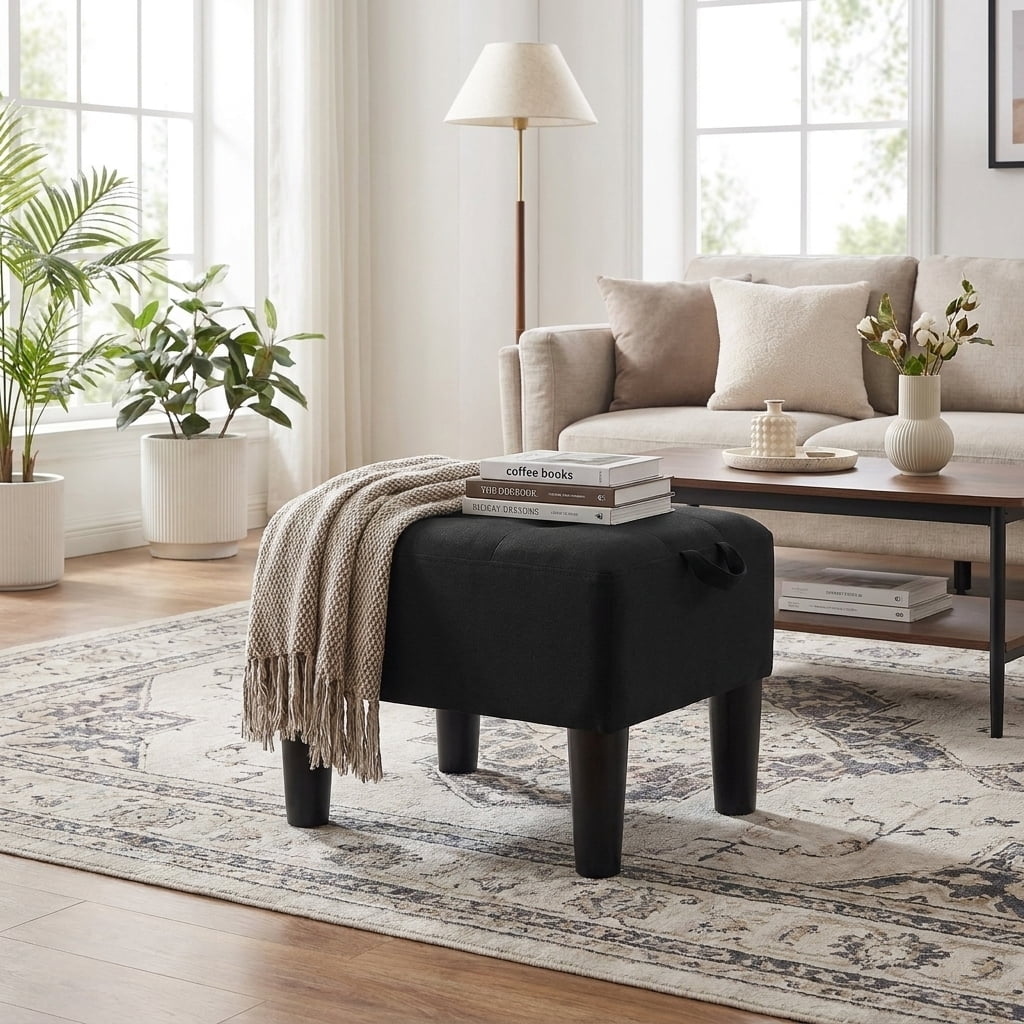 Ledrem Small Footstool Ottoman with Thick Cushion, Angled Legs, Hidden Storage Compartment, Ink Black