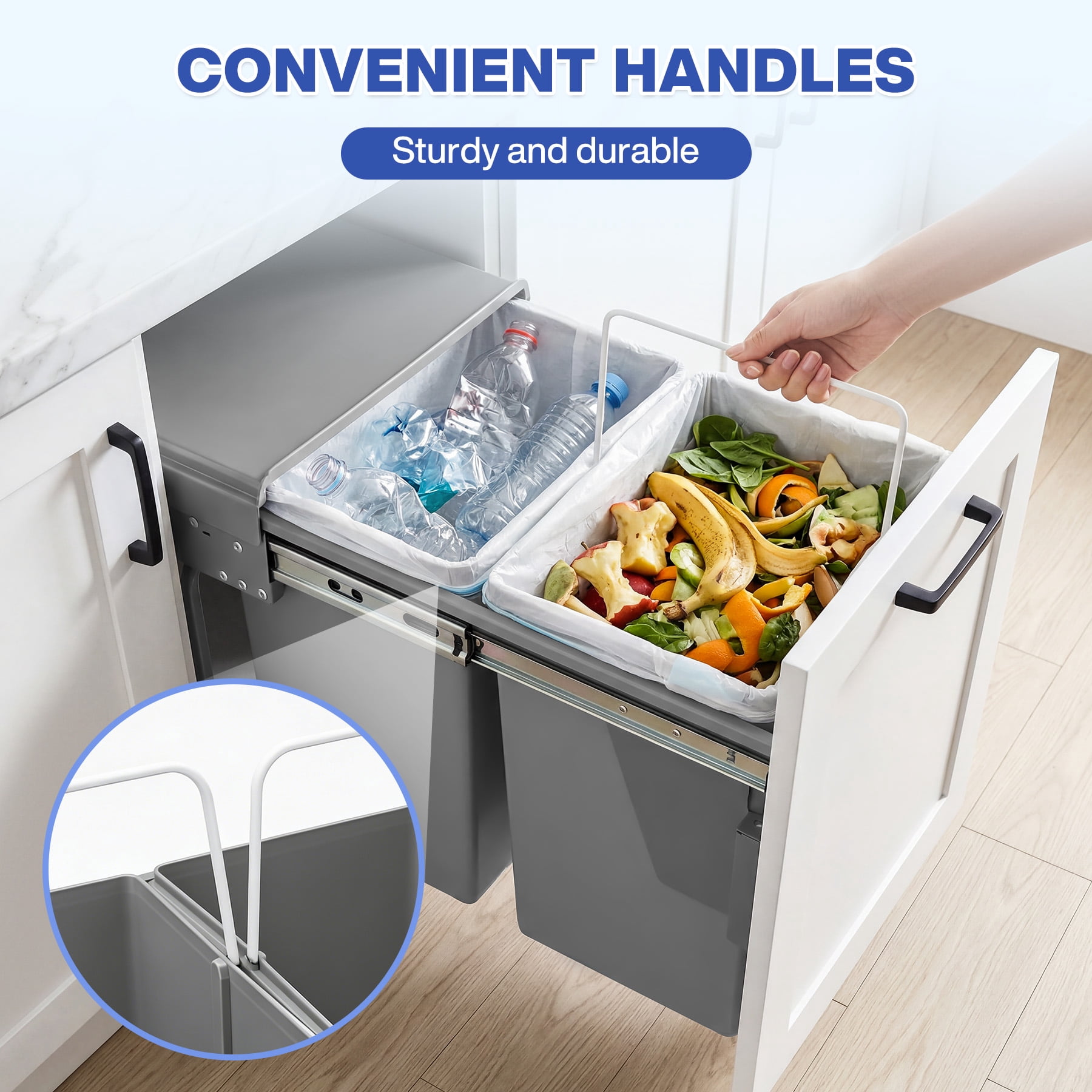 Fnova 44 Qt Double Pull Out Under Kitchen Cabinet Trash Can, Soft-Close Slides Under Sink Garbage Waste Recycling Bin, Holder Storage Drawer Waste Bin with Lid for Cabinet, Gray