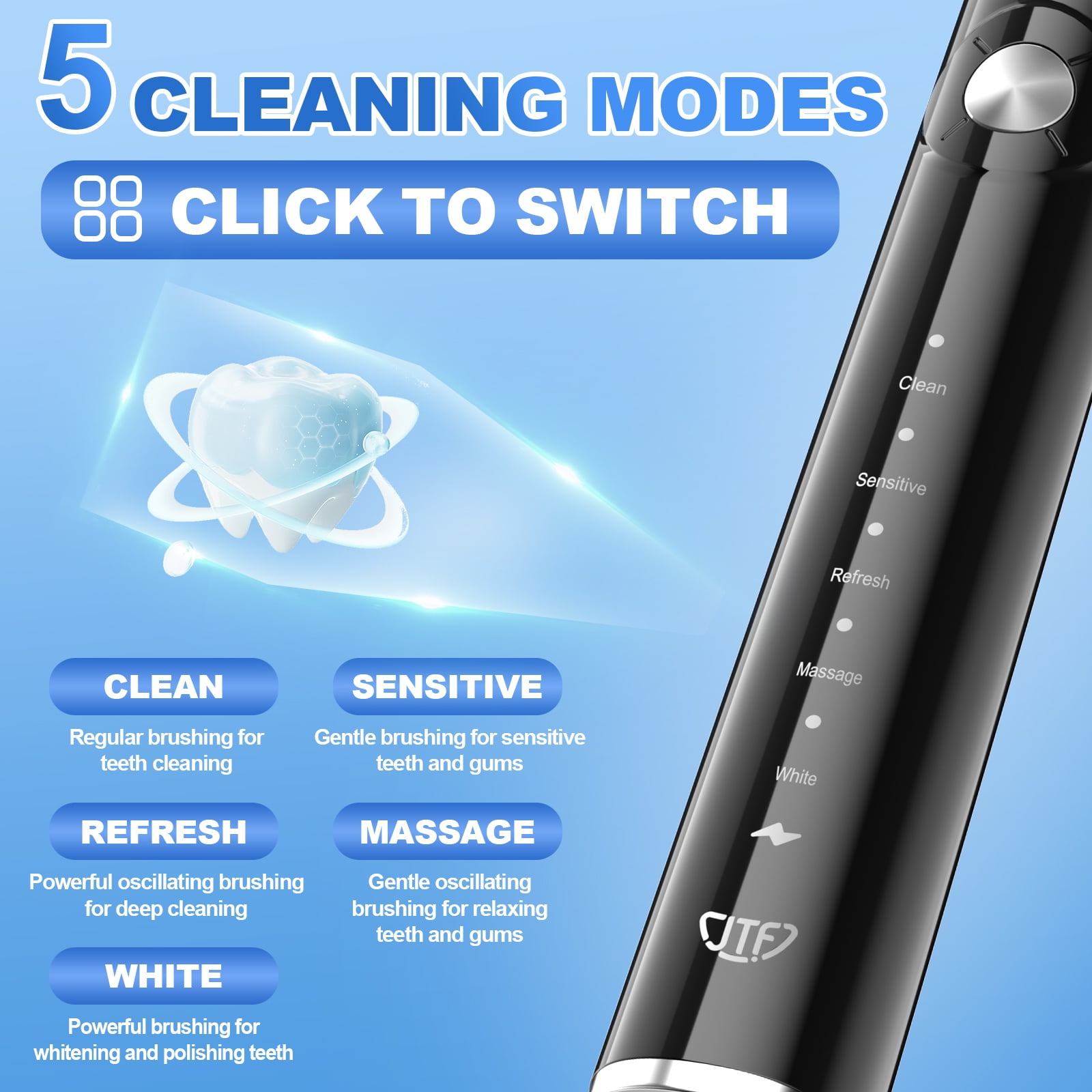 JTF Sonic Electric Toothbrush for Adults and Kids with Travel Case and 6 Brush Heads, 5 Modes 40000 VPM Rechargeable Power Toothbrush with Wireless Charger, IPX7 Waterproof 60-Day Battery Life, Black