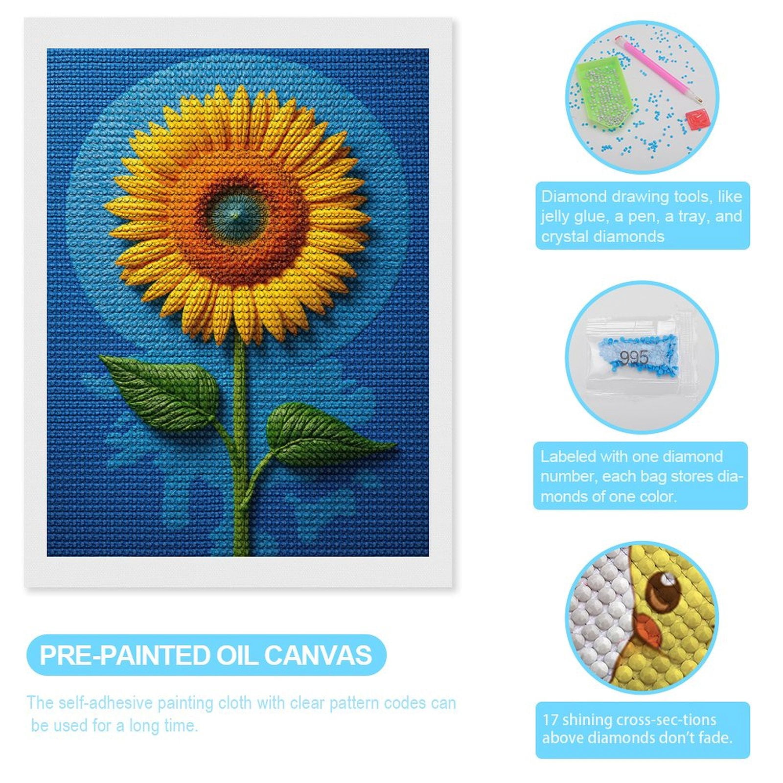 Diamond Art Kits for Adults, Sunflower Blue Canvas Art 5D Diamond Painting Kits for Adults Beginners, DIY Full Drill Diamond Painting, Gem Art and Crafts 12x16