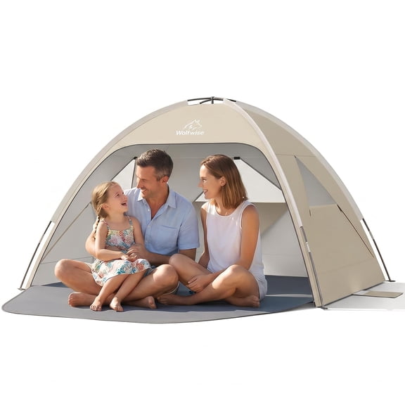 Wolfwise Beach Tent Sun Shelter for 3 Person with UPF 50  UV Protection, Sun Shade Beach Tents with Extendable Floor for Privacy, 3 Ventilated Mesh Windows & Carrying Bag, 87 ''x59''x48'', Beige