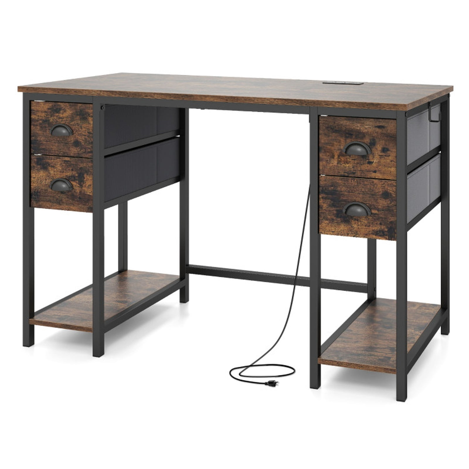 Furnibear 48 Inch Computer Desk with Power Outlet and 4 Fabric Drawers, Home Office Desk with Headphone Hook and Metal Frame for Study, Brown