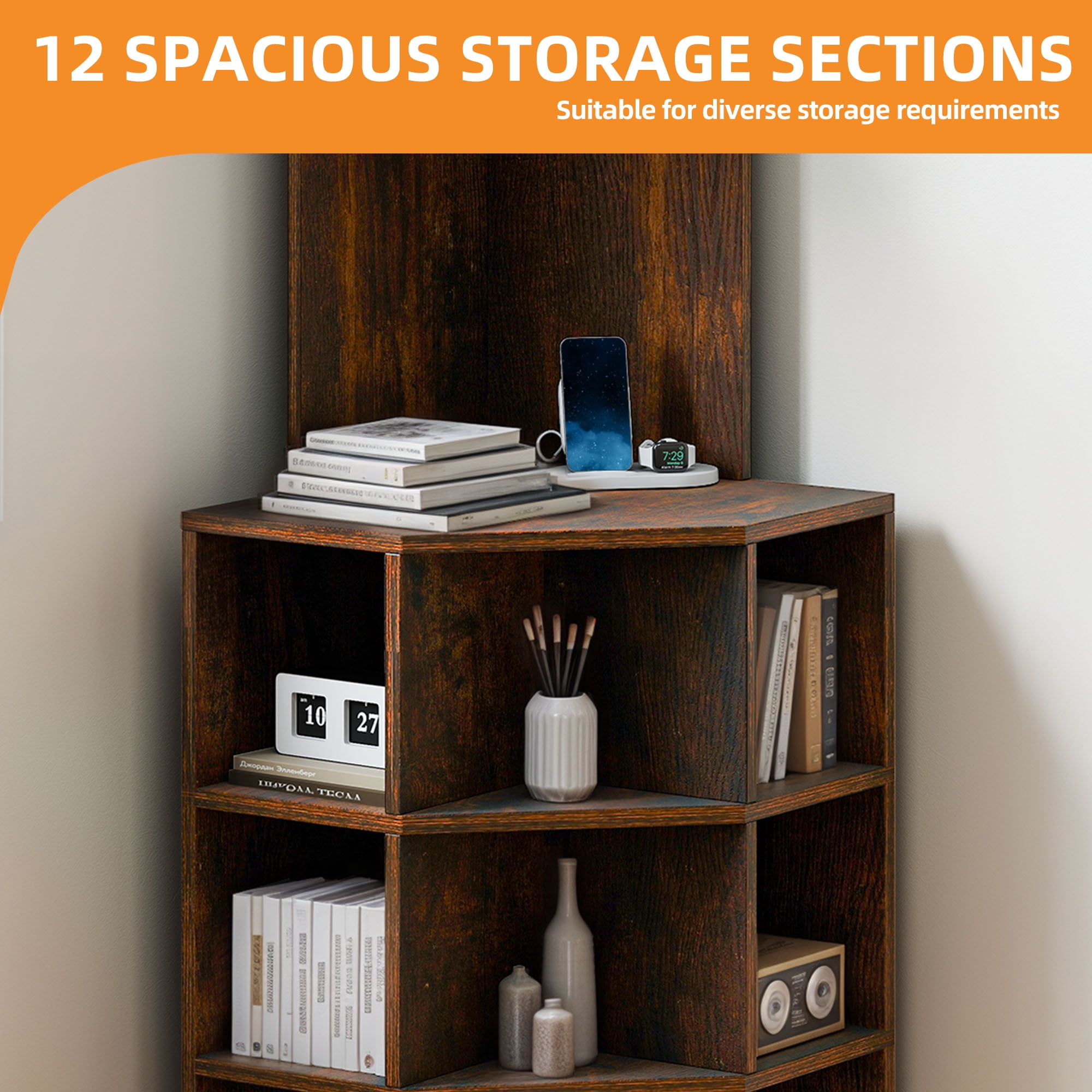 Uforic 5-Tier Corner Shelf with 9 cube,  Wooden Display Bookcases Bookshelf  with USB Ports, Brown