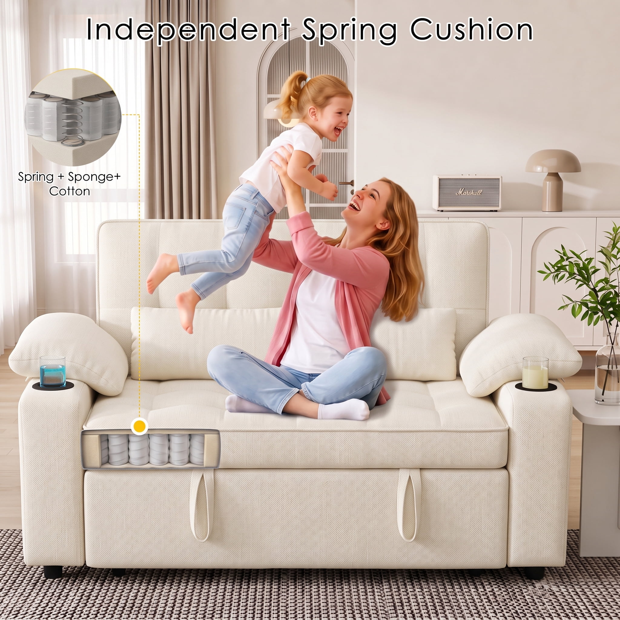 Xiweot 58" Convertible Sleeper Sofa Bed, Full Size Pull Out Couch with USB Charger, Cup Holders, Adjustable Backrest & Side Pocket, Teddy Fabric Loveseat for Living Room Small Space (Beige)