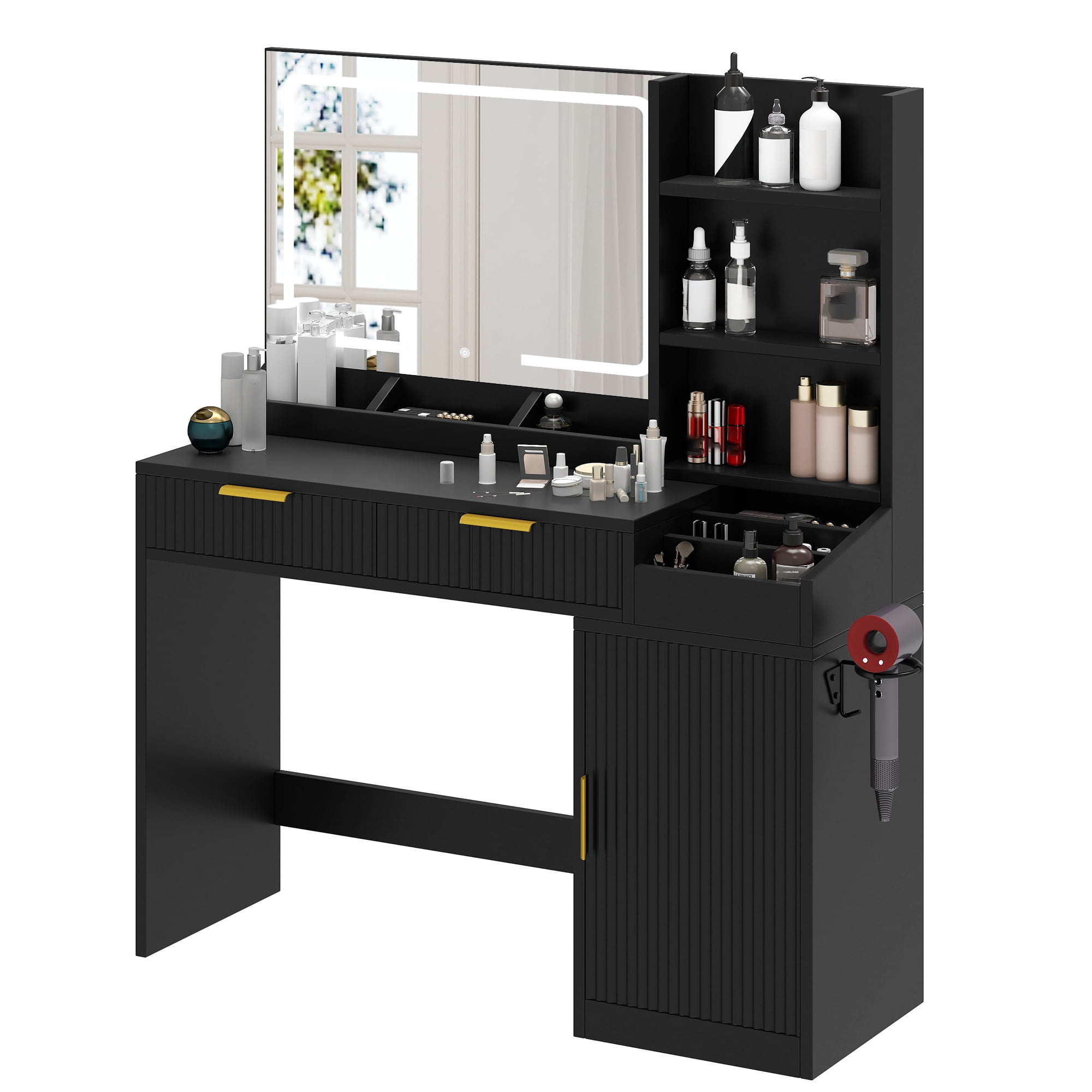 Uforic Vanity Desk with Mirror and LED Lights, Makeup Vanity Table with 2 Drawers & 11 Shelves, Makeup Table with Power Outlet for Bedroom Dressing Room,Black