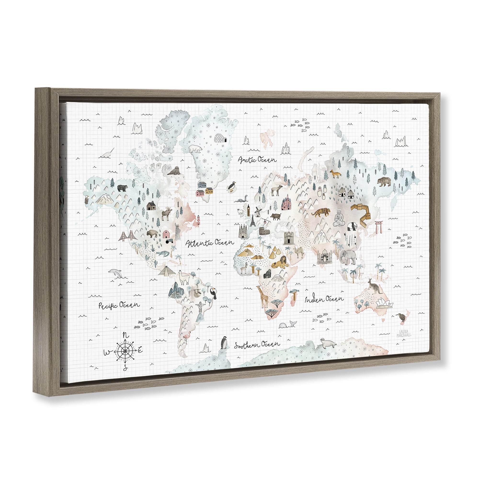 Stupell Industries Whimsical World Traveler Map Animals Painting Brown Floater Framed Canvas Art Print Wall Art, 25 x 17