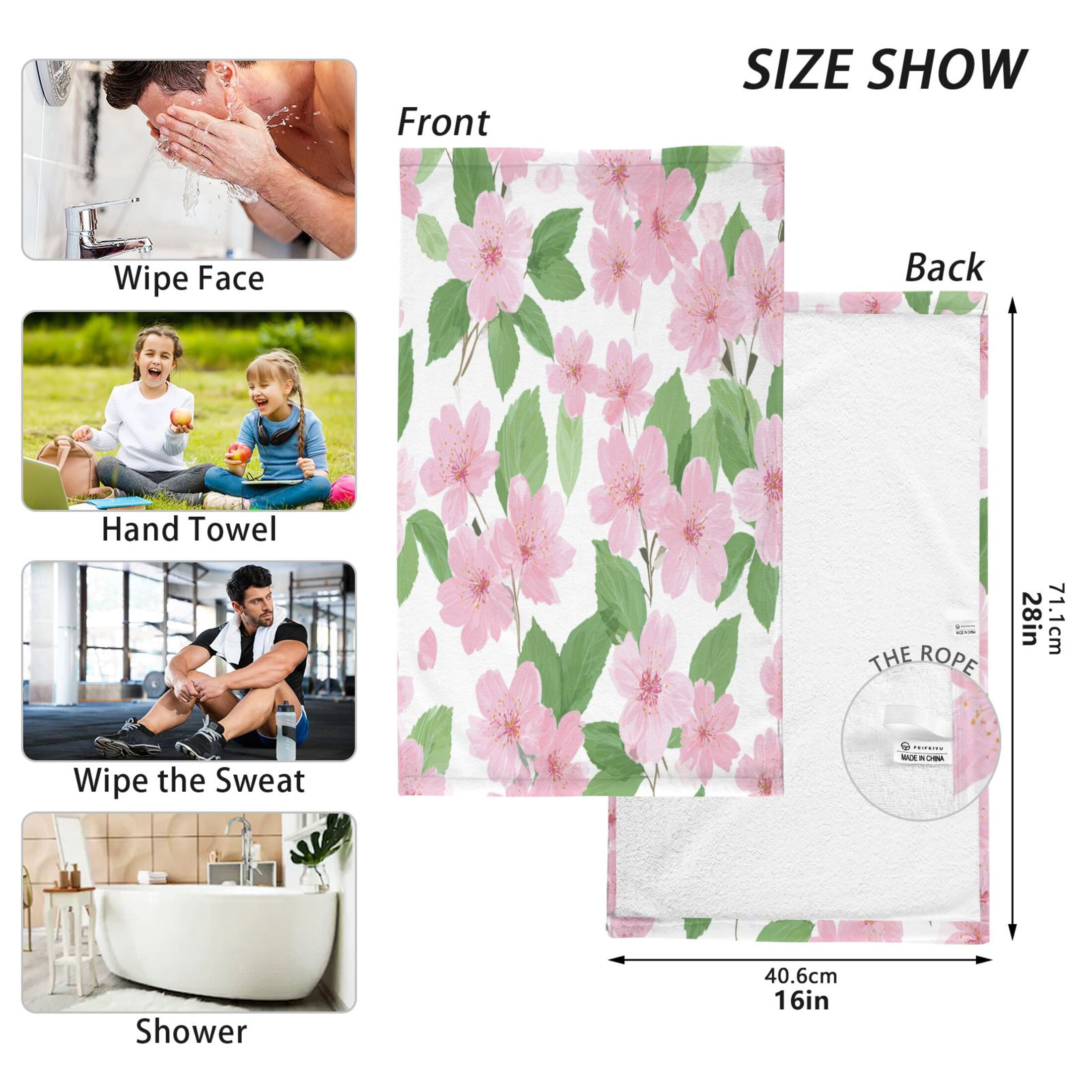 2 Pieces of Cotton Towel Face Towel Set Hand Towel Bath Towel Cotton Bath Towel Sets Pink Cherry Blossom Motif