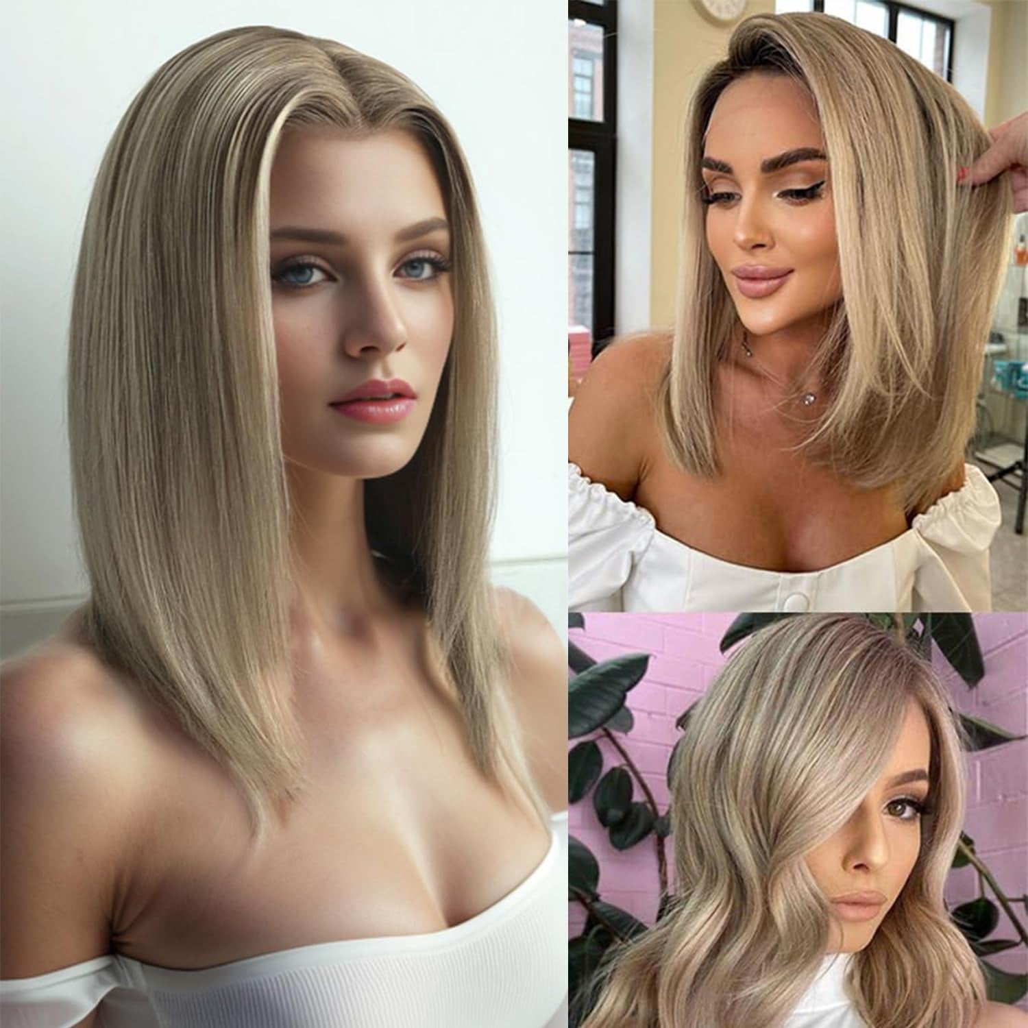 Ombre Highlight Ash Blonde Lace Front Wigs Human Hair Pre Plucked Balayage Blonde Straight Bob HD Transparent 13x4 Ash Brown with Platinum Lace Front Human Hair Wigs For Women 14 Inch