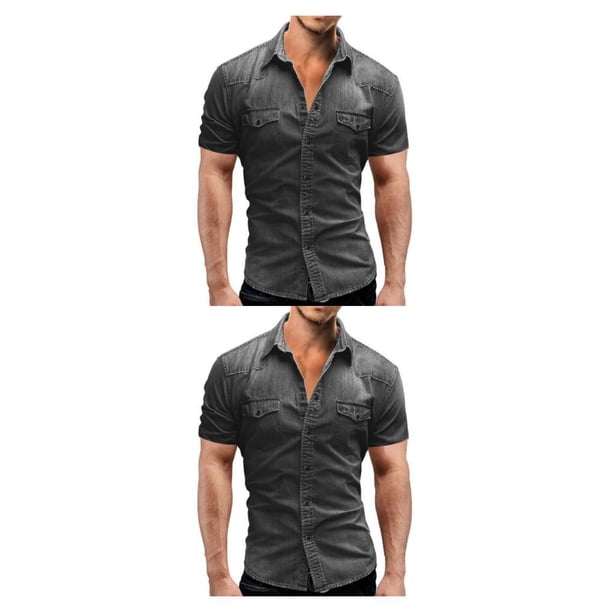 Camisa de mezclilla Minnieouse para hombre Camiseta de vaquero de manga corta elástica ligera delgada Gris claro 3XL