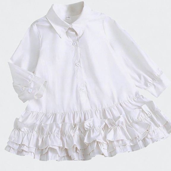 Ticikt Girls Long Sleeve Tiered Ruffle Shirt Dress, Button Down Collared Casual Party Outfit for Toddler/Little Kids,Color:White
