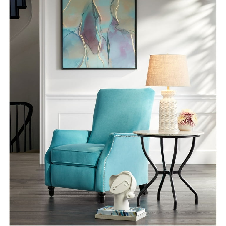 Studio 55D Katy Turquoise Recliner Chair Modern Armchair Comfortable Push Manual Reclining Footrest Pewter Nailhead for Bedroom Living Room Reading