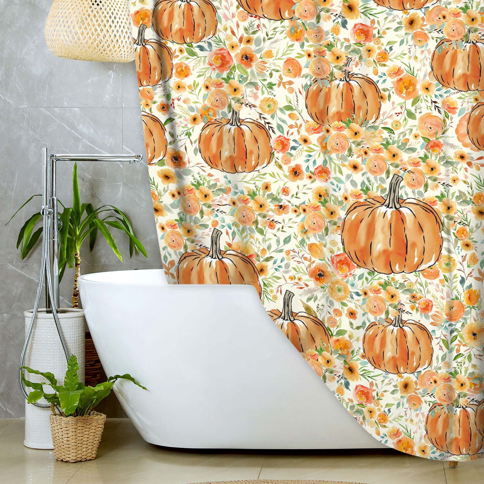 Fall Thanksgiving Shower Curtain,Pumpkin Floral Bathroom Curtains,Autumn Polyester Fabric Bathroom Accessories Festival Holiday Decor with Hooks,69X70 in