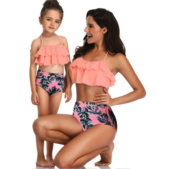 Innerwin Mother And Daughter Family Matching Swimwear Ruffled Swim Bikini Set Sleeveless Lace Up Parent-child Swimsuit Two Piece Seaside Orange Tree Leaves 140