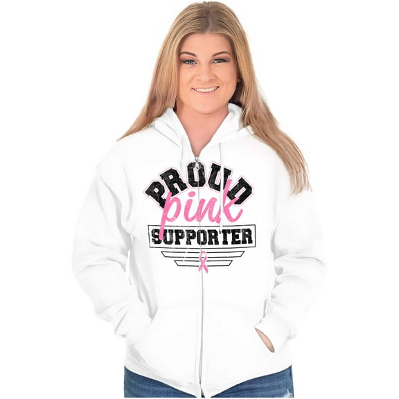 Proud Pink Ribbon Cancer Supporter Zip Hoodie Sweatshirt Women Brisco Brands S