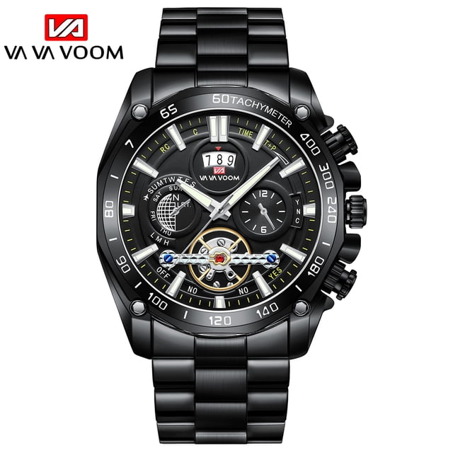 relojes para hombre reloj de pulsera de cuarzo de lujo reloj informal de negocios para hombre reloj luminoso de moda acero inoxidable resistente al agua Vista frontal centrada de reloj con correa de acero inoxidable negra pulida; caja redonda con bisel marcado 0–60 y taquímetro, esfera negra con detalles internos esqueletizados y subesferas decorativas, ventana de fecha triple, manecillas e índices con lumen y cristal brillante resistente a la corrosión. Adecuado para uso casual y de negocios y a menudo utilizado como accesorio de viaje por su lectura en baja luz.