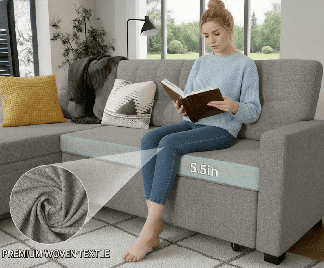 Howcool 82" Sectional Sofa Bed, L-Shaped Sleeper Pull Out Couch with Storage Chaise & USB Charging Ports, Linen Fabric for Small Apartment Living Room, Light Grey(Thick Sponge)