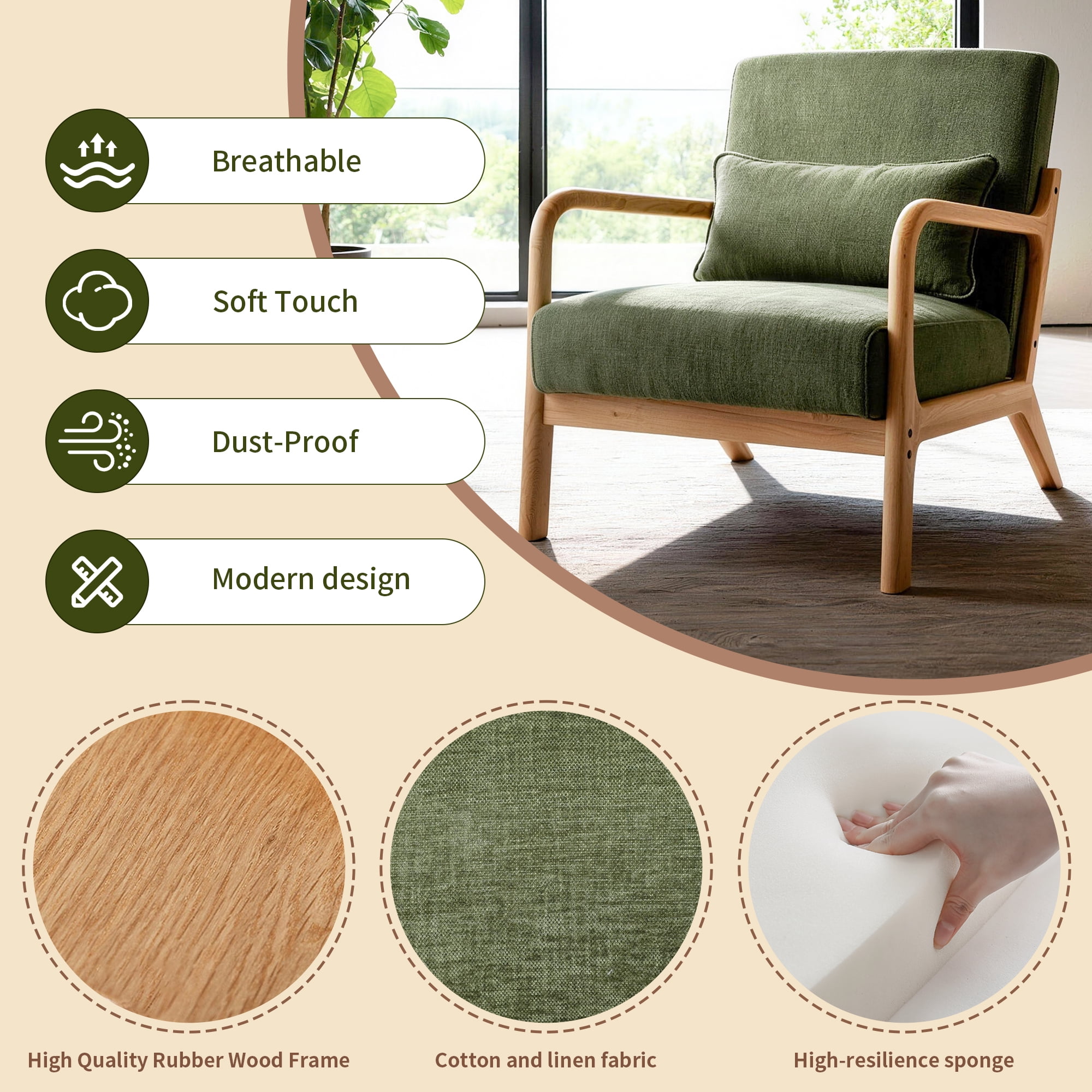 Leumius Accent Chair, Mid Century Modern Armchair with Solid Wood Frame and Detachable Lumbar Pillow for Living Room, Bedroom, Office Green