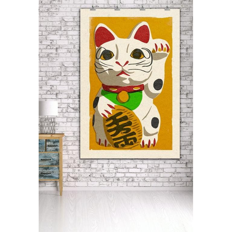 Maneki Neko Japanese Greeting Cat Woodblock 36x54 Giclee Gallery Art Print Vivid Textured Wall Decor