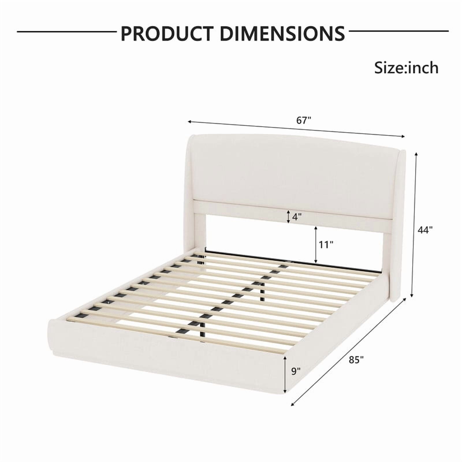 Queen Size Linen Upholstered Bed Frame with Padded High Headboard, Low-Profile Platform Bed with No Box Spring Needed