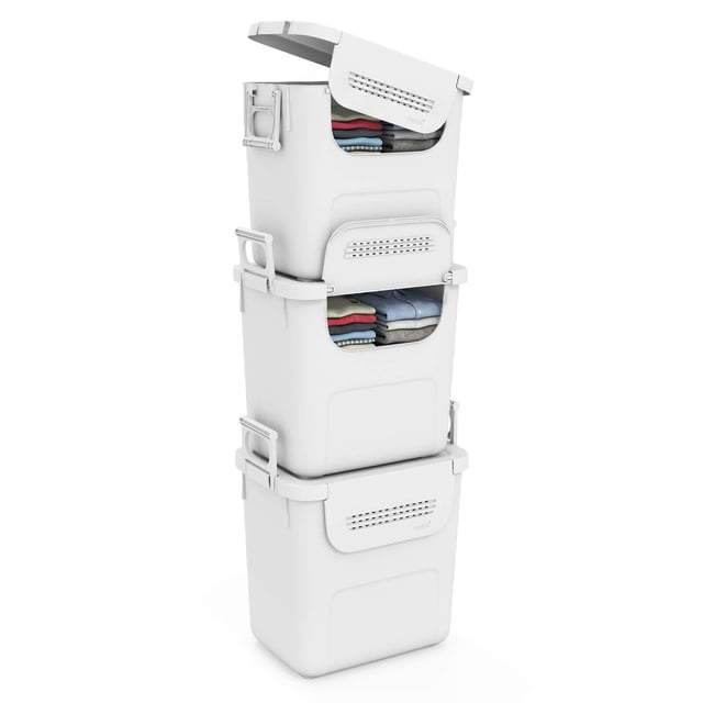 Costway 3 PCS Plastic Storage Bins with Front Door & Side Handles for Kitchen, Bedroom White