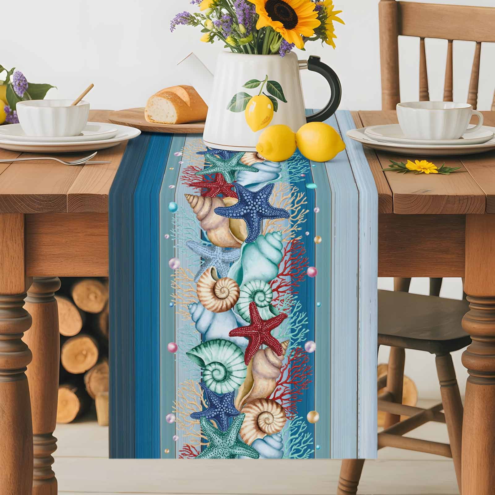 Watercolor Marine Life Starfish Table Runner 90 Inches Long, Blue Wood Grain Table Runners Tabletop Scarf Kitchen Dining Tables Decoration for Home Party Indoor Outdoor