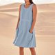 thumbnail image 4 of Vestido sin mangas estampado de lino para mujer: largo hasta la rodilla, estampado floral, bolsillos, ropa de verano para la playa., 4 of 7