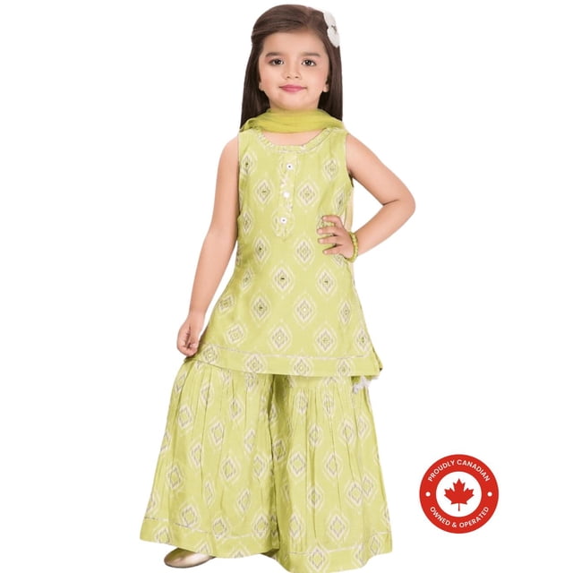 DWEEP SARA Parrot Lime Green Girls Sharara Suit Set with Exquisite Mirror & Hand Embroidery, 7-8 Y(28)