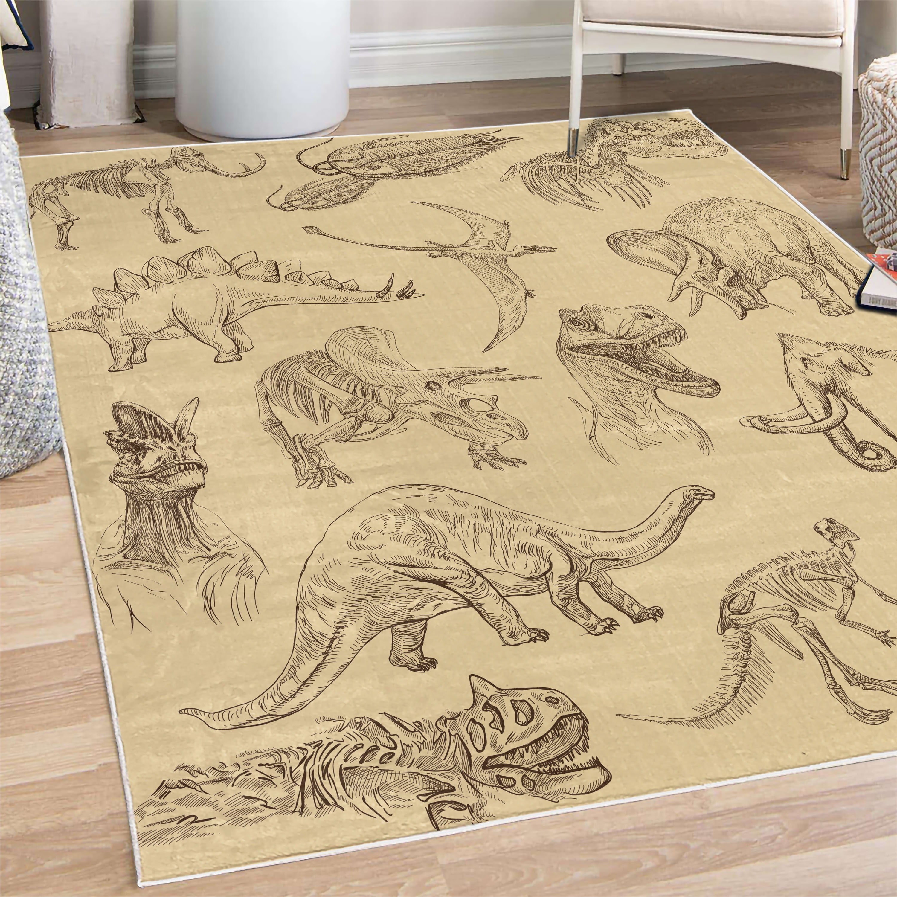 Jurassic Decorative Rug, Arrangement of Various Dinosaurs Illustrations